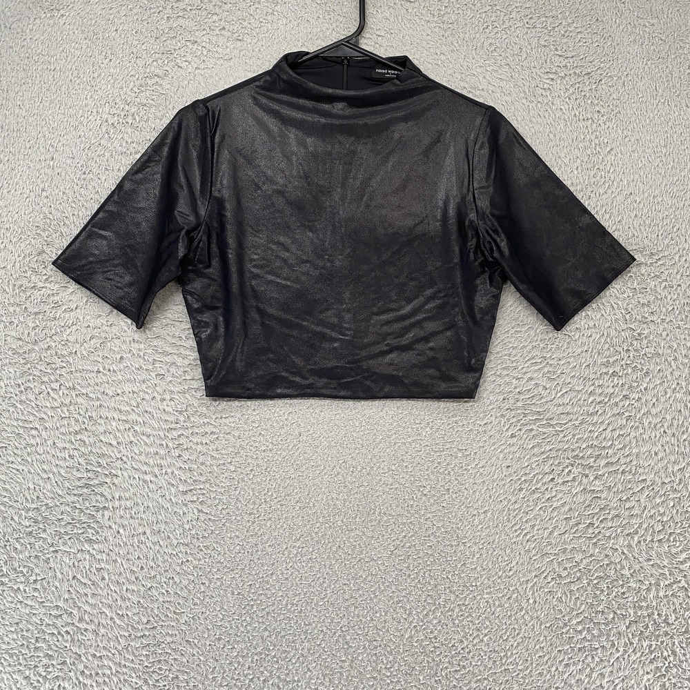 Naked Wardrobe Crop Top Womens Large Mock Neck Shiny Coated Faux Leather Club